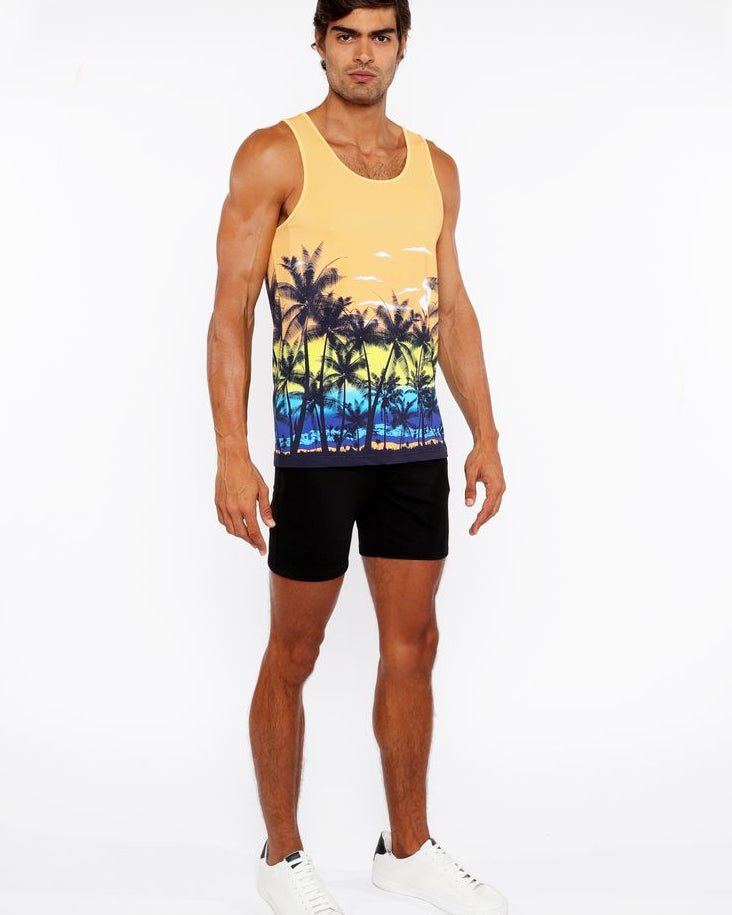 SUNSET/PEACH TROPICS PRINTED STRETCH MESH TANK TOP ST-11137