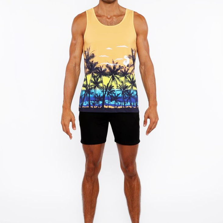 SUNSET/PEACH TROPICS PRINTED STRETCH MESH TANK TOP ST-11137