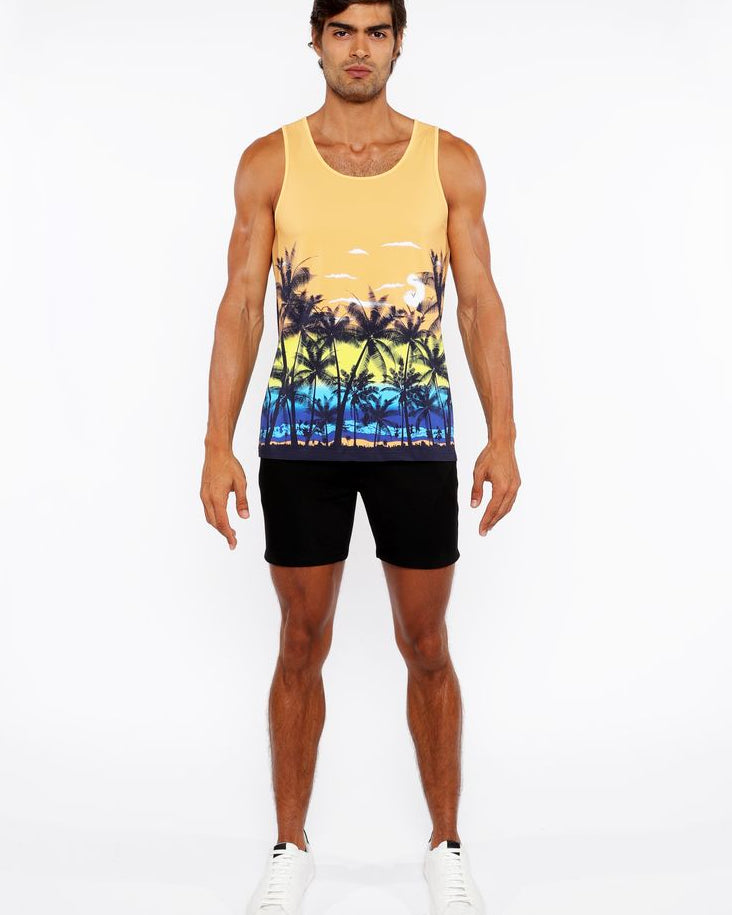 SUNSET/PEACH TROPICS PRINTED STRETCH MESH TANK TOP ST-11137