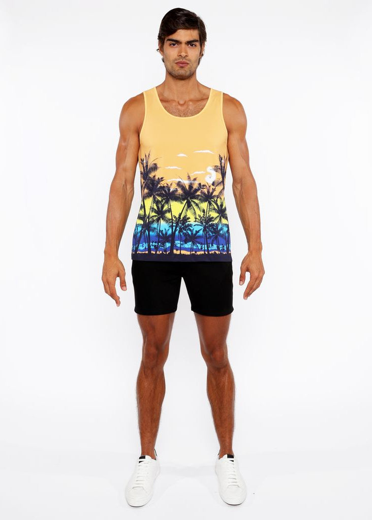 SUNSET/PEACH TROPICS PRINTED STRETCH MESH TANK TOP ST-11137