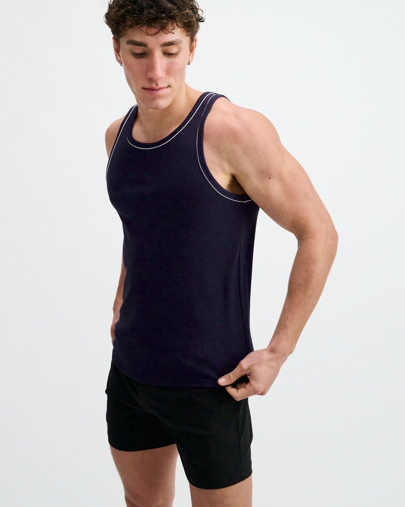 NAVY/WHITE RIB STRETCH COTTON/TENCEL TANK W/FINE PIPING DETAIL STA-16011