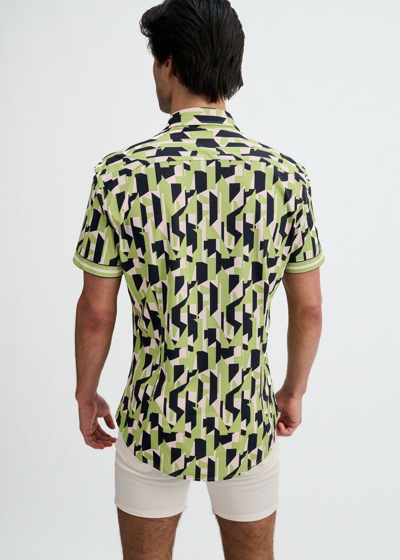 MENTHOL/MIDNIGHT ABSTRACT PRINTED PERFORMANCE STRETCH SHORT SLEEVE SHIRT W/PLACKET DETAIL ST-26026