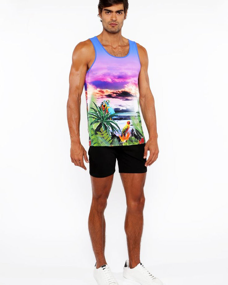 PURPLE/FUCHSIA TROPICS PRINTED STRETCH MESH TANK TOP ST-11134