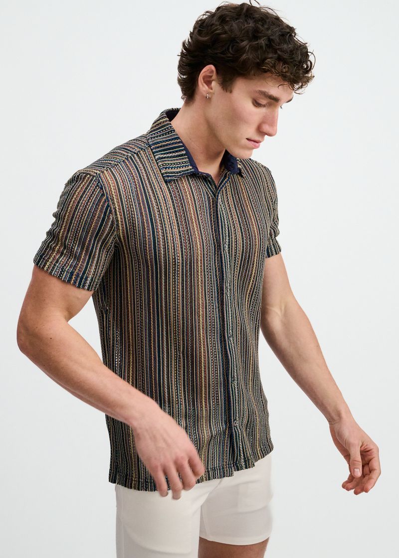 TURQUOISE/KHAKI VERTICAL STRIPE OPEN KNIT SHORT SLEEVE SHIRT ST-24073