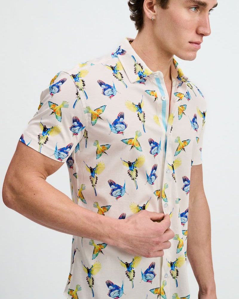 BLUE/YELLOW BIRDS PRINTED COTTON KNIT JERSEY SHORT SLEEVE SHIRT W/PLACKET DETAIL ST-9359