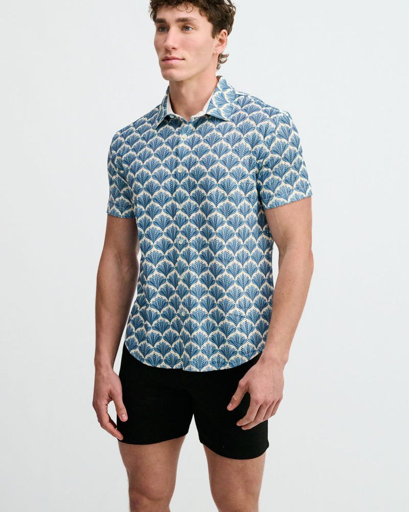 SLATE/BLUE FLORAL PRINTED OPEN KNIT STRETCH SHORT SLEEVE SHIRT ST-48077