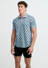 SLATE/BLUE FLORAL PRINTED OPEN KNIT STRETCH SHORT SLEEVE SHIRT ST-48077
