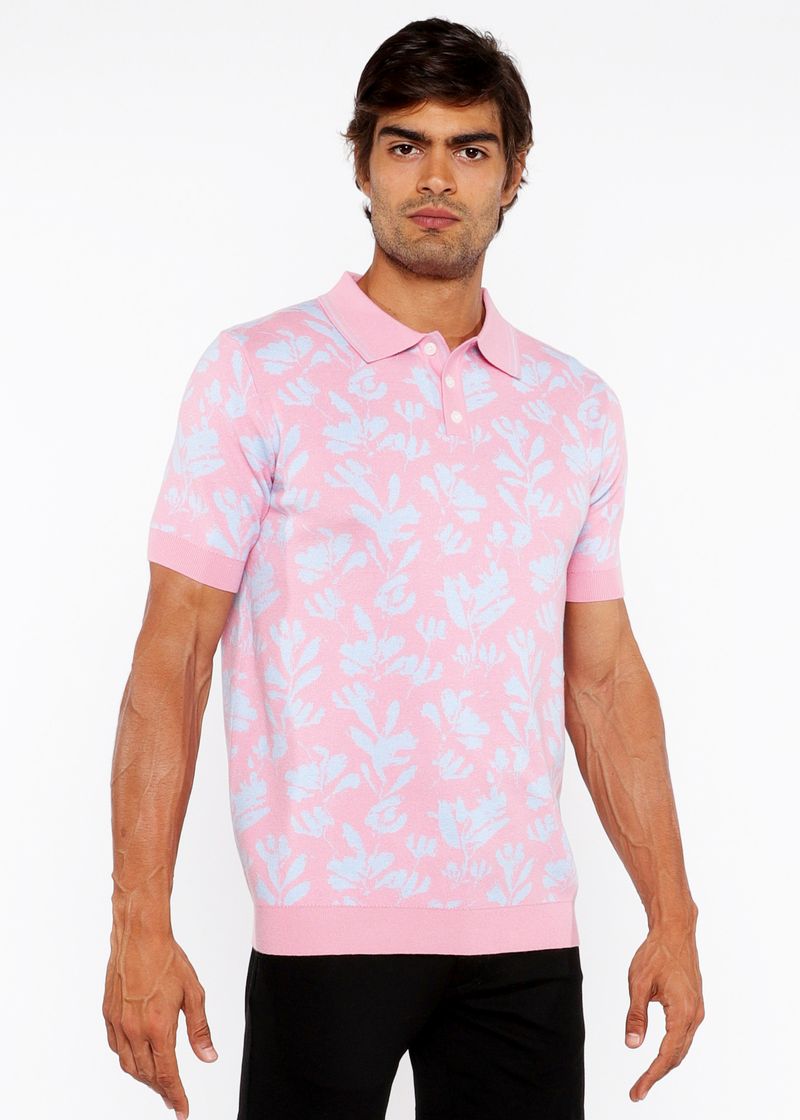 PINK/SKY LEAVES JACQUARD KNIT 3-BUTTON POLO ST-24305