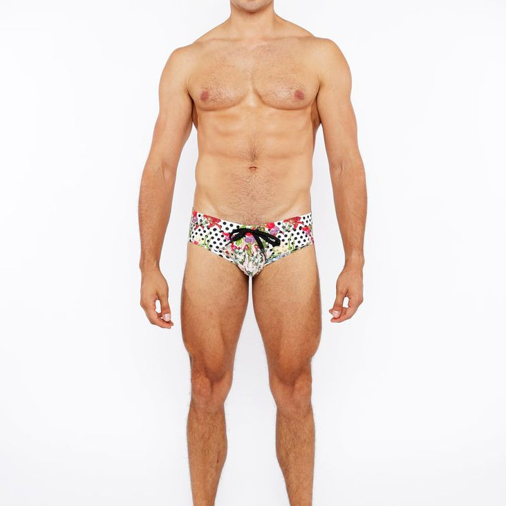 BLACK/WHITE DOTS FLORAL PRINTED SWIM BRIEF ST-8015-26
