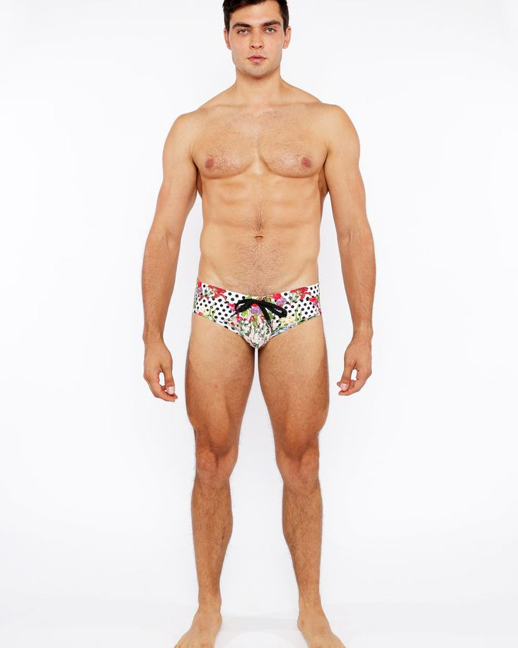 BLACK/WHITE DOTS FLORAL PRINTED SWIM BRIEF ST-8015-26