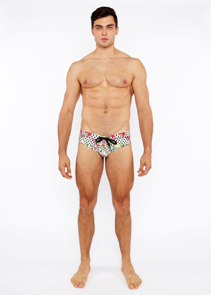 BLACK/WHITE DOTS FLORAL PRINTED SWIM BRIEF ST-8015-26
