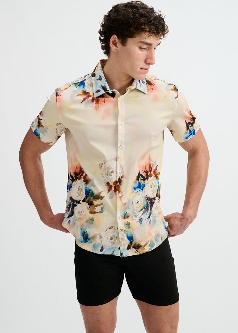 YOLK/BLUSH FLORAL ENGINEERED BORDER PRINT COTTON KNIT JERSEY SHORT SLEEVE SHIRT ST-9356