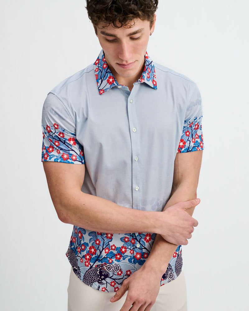 SLATE/NAVY FLORAL ENGINEERED BORDER PRINT COTTON KNIT JERSEY SHORT SLEEVE SHIRT ST-9353