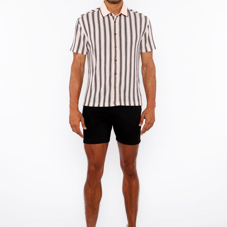CANDY/MIDNIGHT STRIPE STRETCH OPEN KNIT SHORT SLEEVE SHIRT W/RIB COLLAR ST-24064