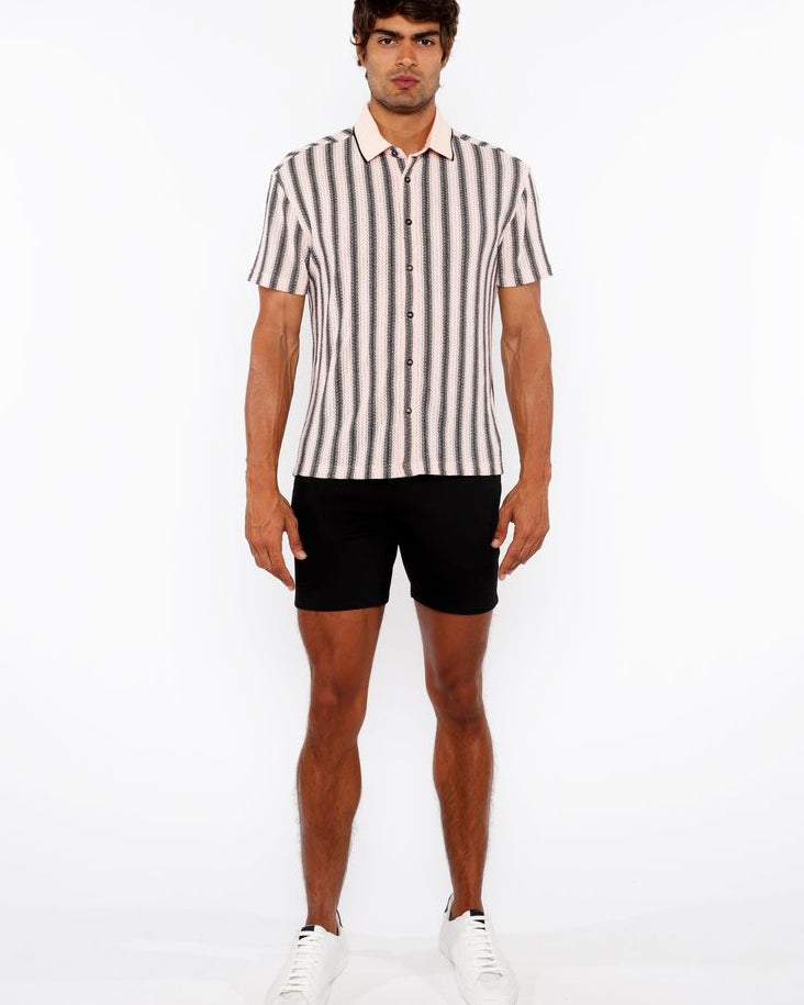 CANDY/MIDNIGHT STRIPE STRETCH OPEN KNIT SHORT SLEEVE SHIRT W/RIB COLLAR ST-24064