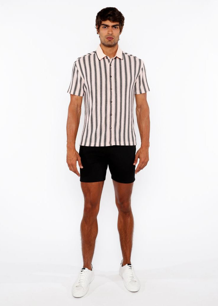 CANDY/MIDNIGHT STRIPE STRETCH OPEN KNIT SHORT SLEEVE SHIRT W/RIB COLLAR ST-24064