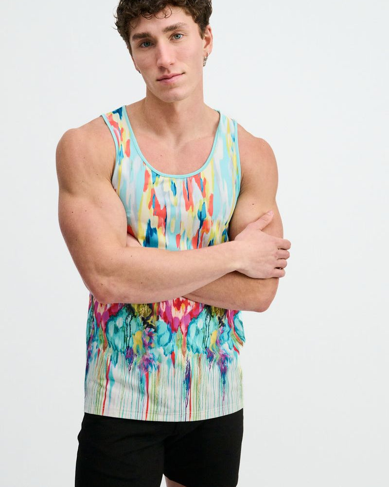 TEAL/MULTI DRIPS PRINTED STRETCH MESH TANK ST-11150