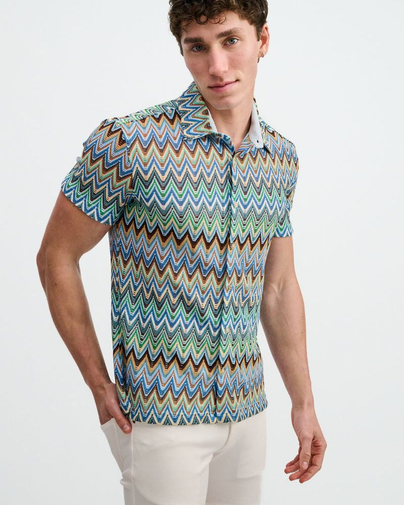 COBALT/SKY OPEN KNIT STRETCH CHEVRON SHORT SLEEVE SHIRT ST-24079