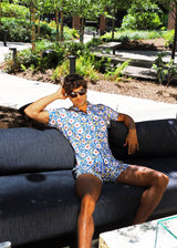 COBALT/GOLD FLORAL 3D PRINT COTTON JERSEY KNIT SHORT SLEEVE SHIRT W/CONTRAST STRIPE PLACKET ST-9326