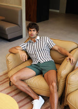 OFF WHITE/MIDNIGHT STRIPE STRETCH OPEN KNIT SHORT SLEEVE SHIRT W/RIB COLLAR ST-24064