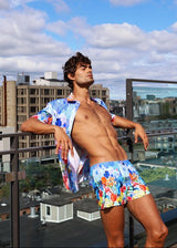 COBALT/MULTI FLORAL ABSTRACT BORDER PRINT COTTON JERSEY KNIT SHORT SLEEVE SHIRT ST-9339