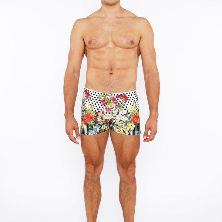 BLACK/WHITE DOTS FLORAL PRINTED SWIM SHORT W/MESH BRIEF LINING ST-8024-03