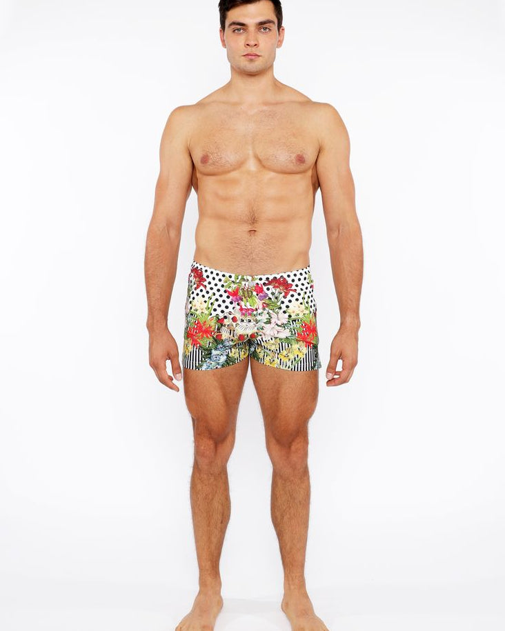 BLACK/WHITE DOTS FLORAL PRINTED SWIM SHORT W/MESH BRIEF LINING ST-8024-03