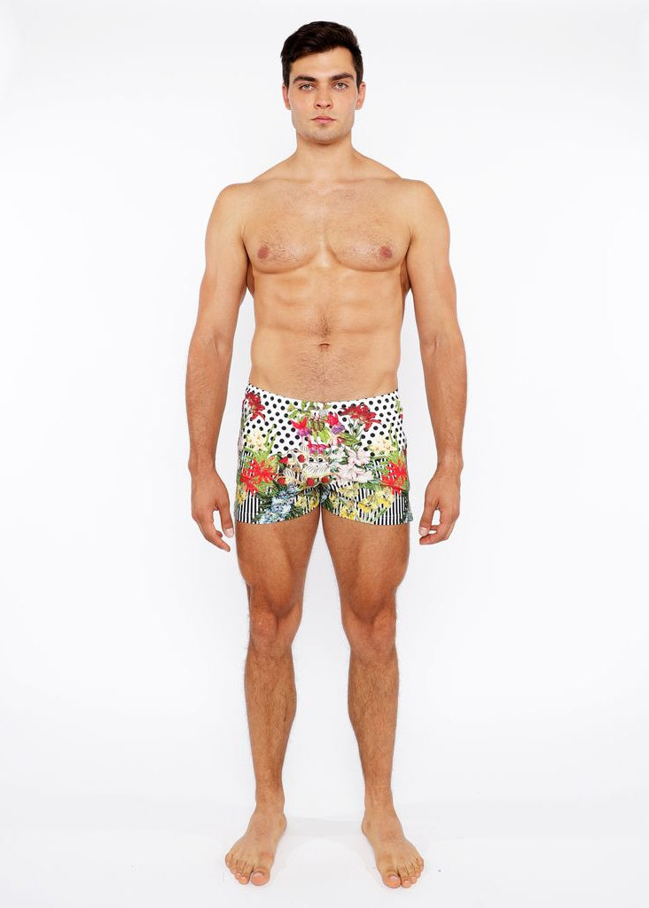 BLACK/WHITE DOTS FLORAL PRINTED SWIM SHORT W/MESH BRIEF LINING ST-8024-03