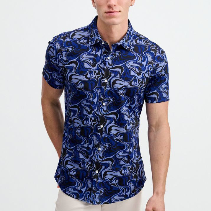 NAVY/THISTLE SWIRLS PRINTED COTTON KNIT JERSEY SHORT SLEEVE SHIRT ST-9368