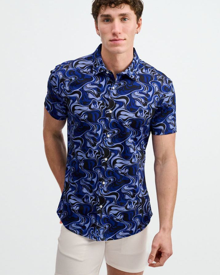 NAVY/THISTLE SWIRLS PRINTED COTTON KNIT JERSEY SHORT SLEEVE SHIRT ST-9368