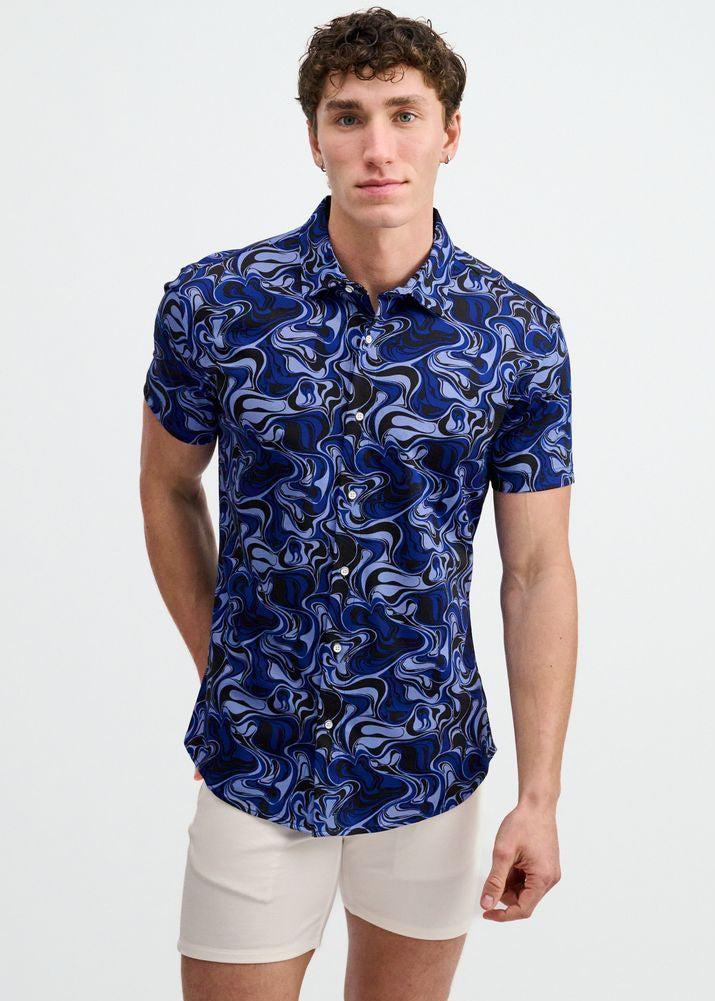 NAVY/THISTLE SWIRLS PRINTED COTTON KNIT JERSEY SHORT SLEEVE SHIRT ST-9368