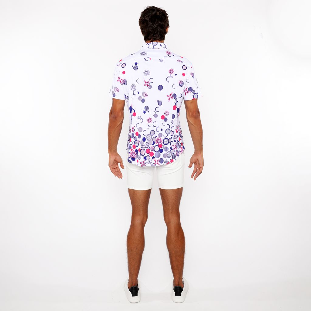 FUCHSIA/NAVY CIRCLES BORDER PRINT COTTON JERSEY KNIT SHORT SLEEVE SHIRT ST-9340