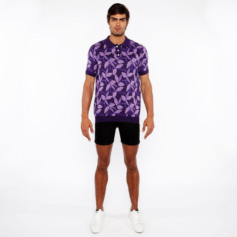 LILAC/PURPLE LEAVES JACQUARD KNIT 3-BUTTON POLO ST-24308