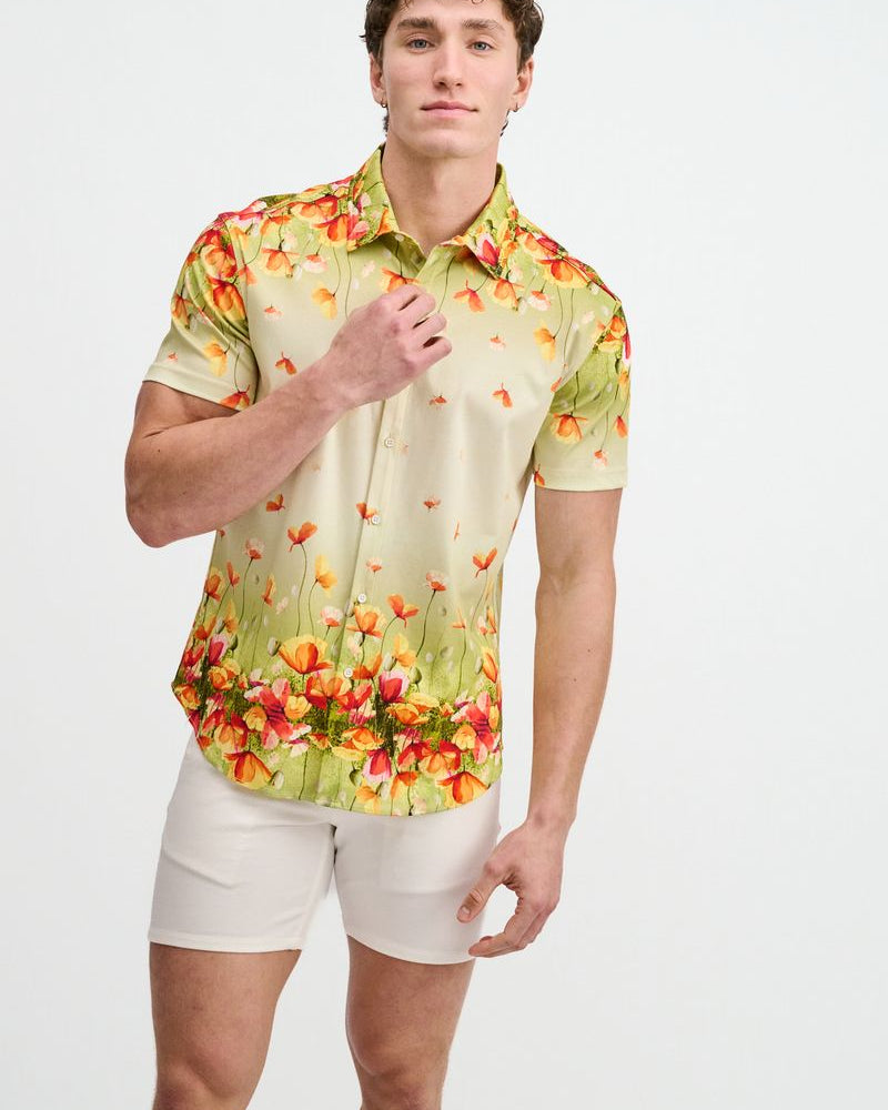 GRASS/ORANGE FLORAL ENGINEERED BORDER PRINT COTTON KNIT JERSEY SHORT SLEEVE SHIRT ST-9350