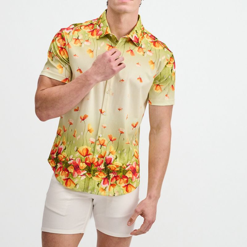 GRASS/ORANGE FLORAL ENGINEERED BORDER PRINT COTTON KNIT JERSEY SHORT SLEEVE SHIRT ST-9350