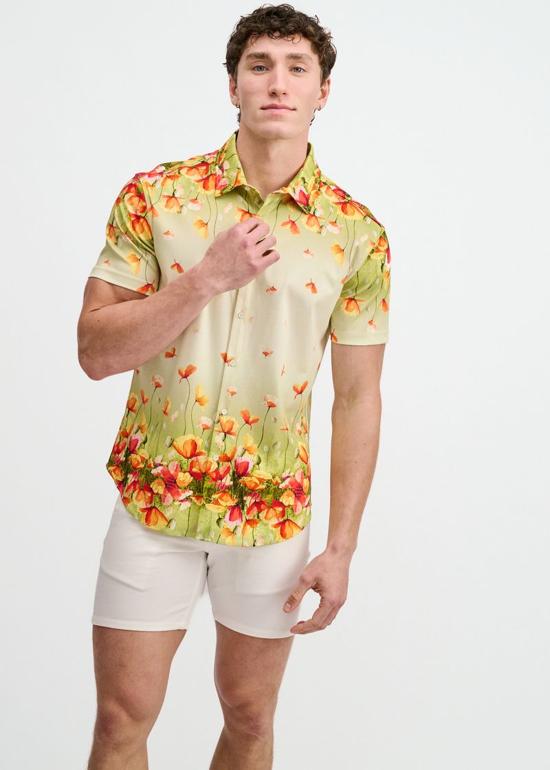 GRASS/ORANGE FLORAL ENGINEERED BORDER PRINT COTTON KNIT JERSEY SHORT SLEEVE SHIRT ST-9350