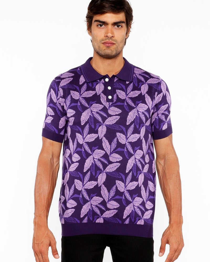 LILAC/PURPLE LEAVES JACQUARD KNIT 3-BUTTON POLO ST-24308