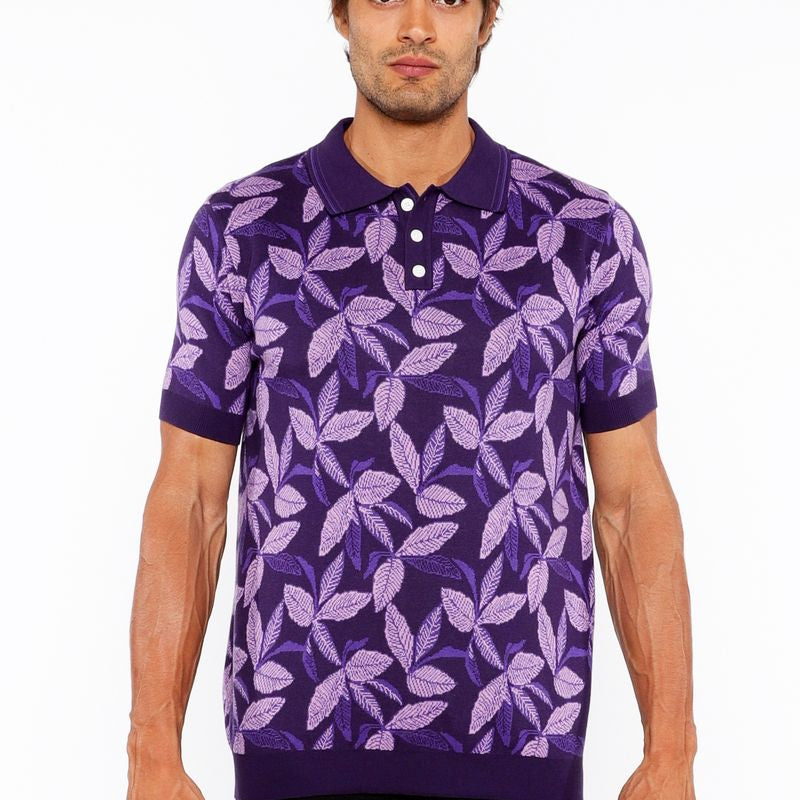 LILAC/PURPLE LEAVES JACQUARD KNIT 3-BUTTON POLO ST-24308