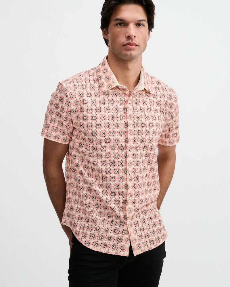 SORBET/CREPE MEDALLIONS PRINTED OPEN KNIT STRETCH SHORT SLEEVE SHIRT ST-48078