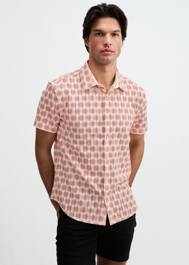 SORBET/CREPE MEDALLIONS PRINTED OPEN KNIT STRETCH SHORT SLEEVE SHIRT ST-48078