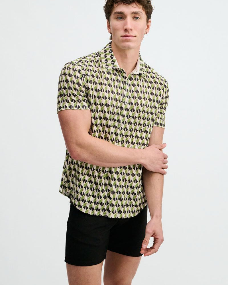 CLOVER/NAVY BOXES PRINTED OPEN KNIT STRETCH SHORT SLEEVE SHIRT ST-48076