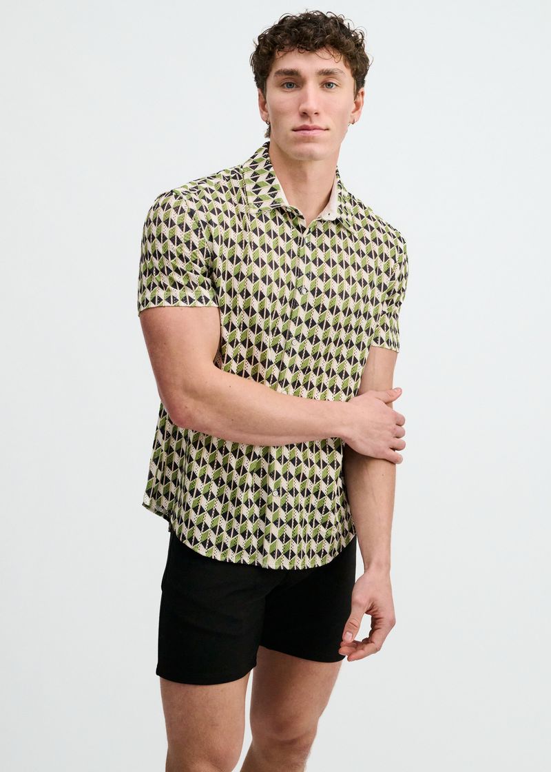 CLOVER/NAVY BOXES PRINTED OPEN KNIT STRETCH SHORT SLEEVE SHIRT ST-48076