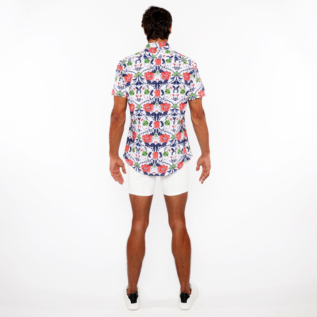 SLATE/SIENNA FLORAL PRINTED COTTON KNIT JERSEY SHORT SLEEVE SHIRT ST-9338