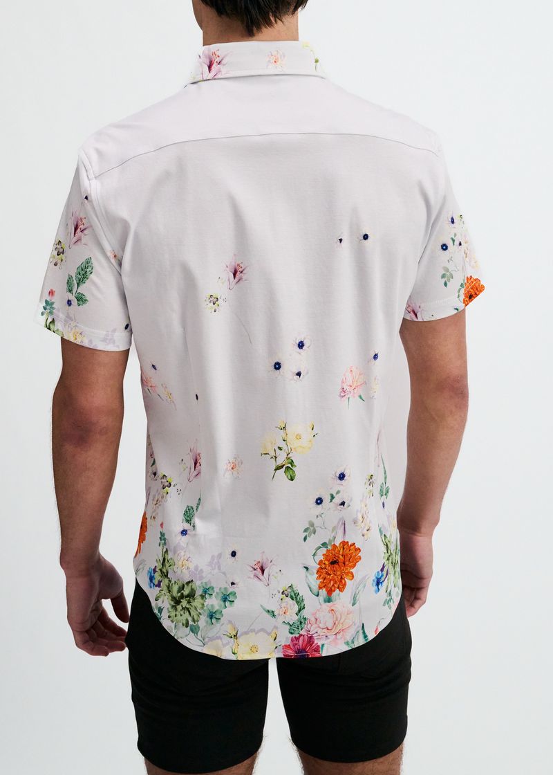 PERIWINKLE/SPRING FLORAL ENGINEERED BORDER PRINT COTTON KNIT JERSEY SHORT SLEEVE SHIRT ST-9355