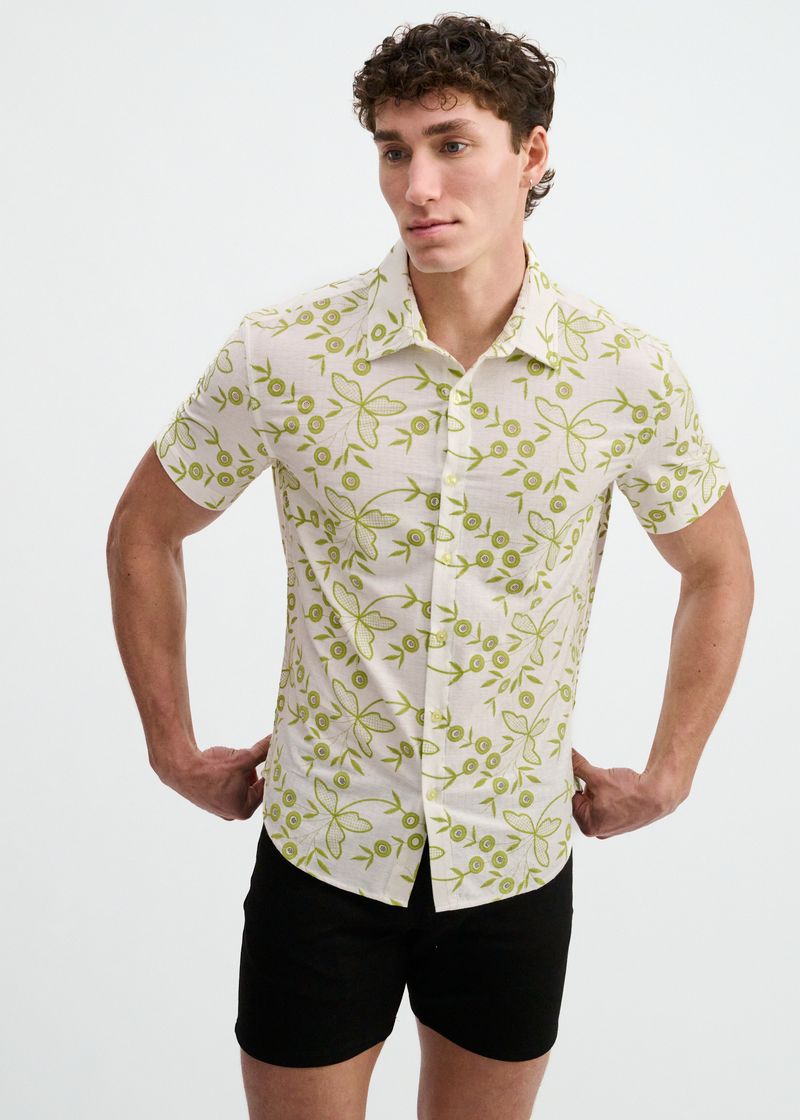 IVY/WHITE PRINTED STRETCH EYELET KNIT SHORT SLEEVE SHIRT ST-24077
