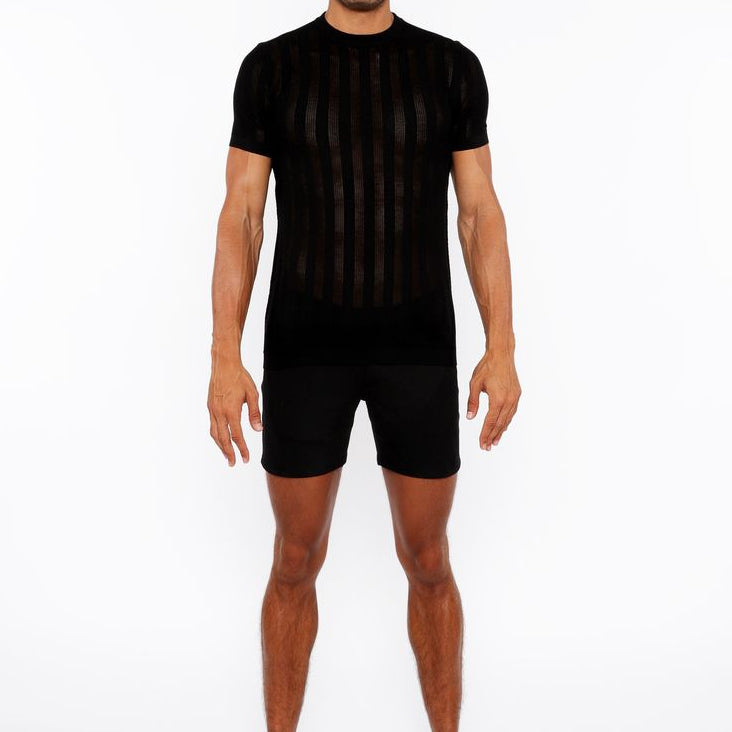 BLACK TEXTURED KNITTED CREW TEE ST-24304