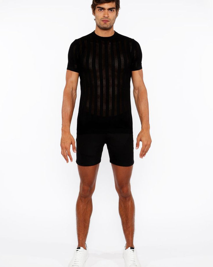 BLACK TEXTURED KNITTED CREW TEE ST-24304