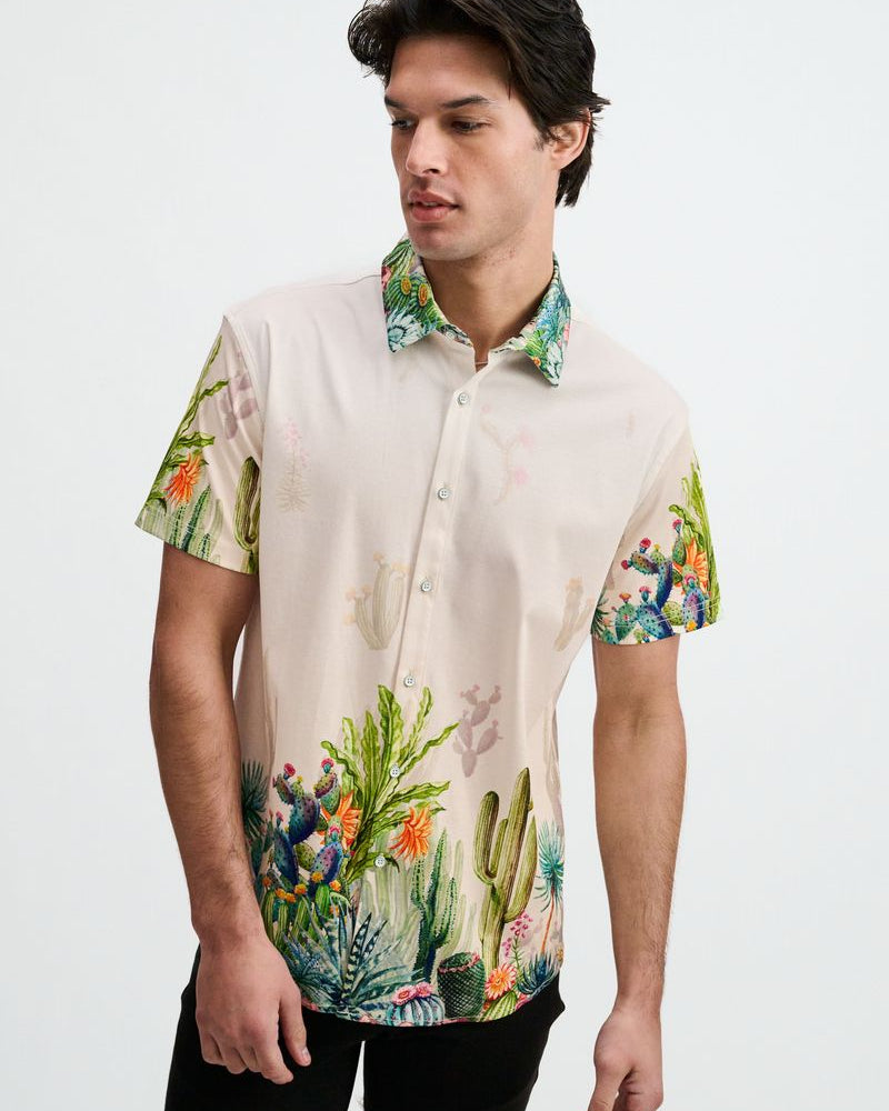 SORBET/GREEN CACTUS ENGINEERED BORDER PRINT COTTON KNIT JERSEY SHORT SLEEVE SHIRT ST-9354