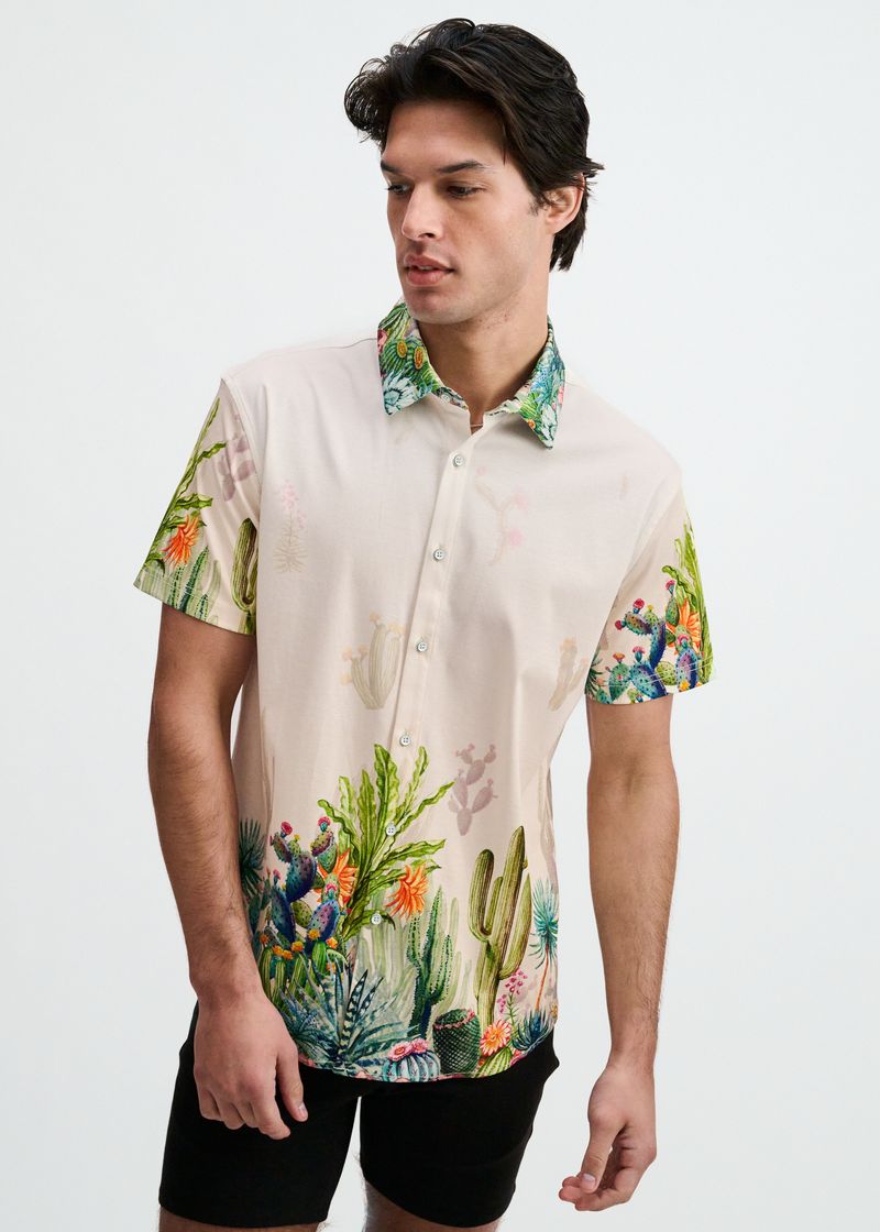 SORBET/GREEN CACTUS ENGINEERED BORDER PRINT COTTON KNIT JERSEY SHORT SLEEVE SHIRT ST-9354