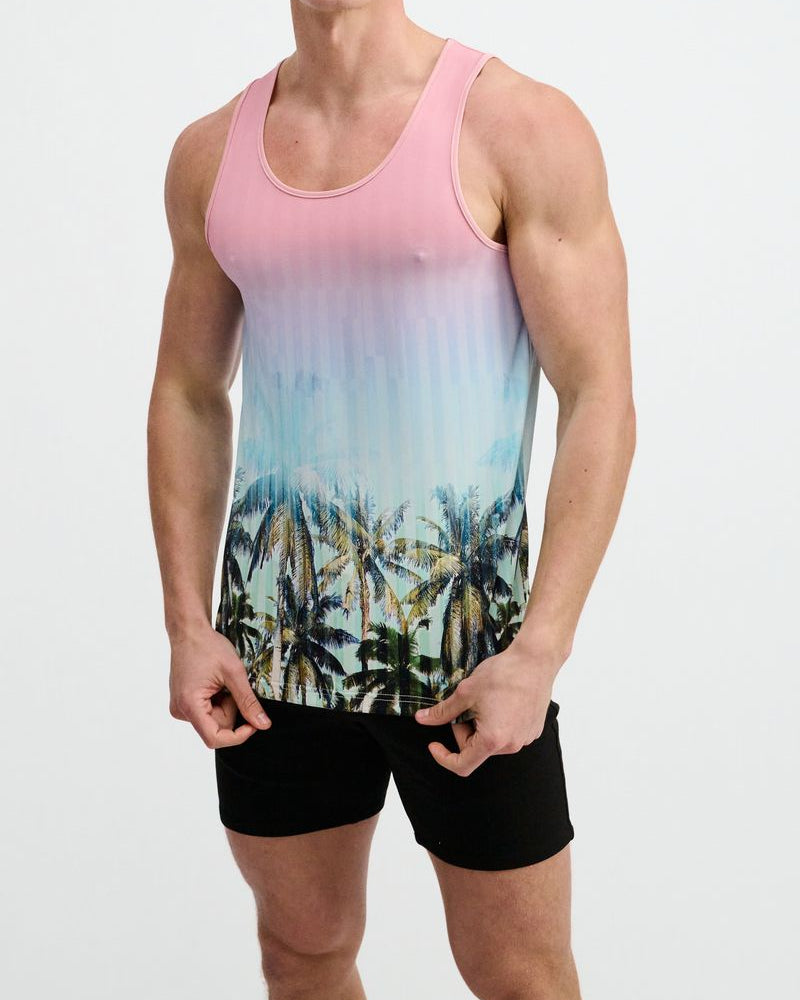 BLUSH/AQUA PALMS PRINTED STRETCH MESH TANK ST-11148